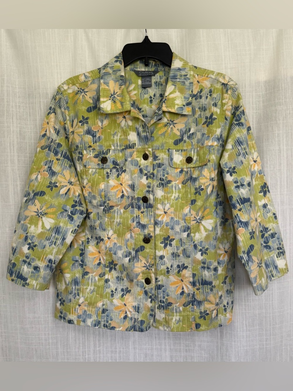 City Blues Koret Floral Jacket Spring Green Blue Button Front 3/4 Sleeve Size L